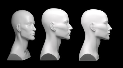 mannequin heads isolated on dark black background, Blank White Head Side view, plastic human faceless dummy figure, wig holder 3D render illustration copy space , generative ai