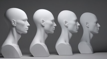 mannequin heads isolated on dark black background, Blank White Head Side view, plastic human faceless dummy figure, wig holder 3D render illustration copy space , generative ai