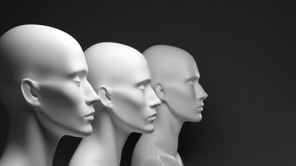 mannequin heads isolated on dark black background, Blank White Head Side view, plastic human faceless dummy figure, wig holder 3D render illustration copy space , generative ai