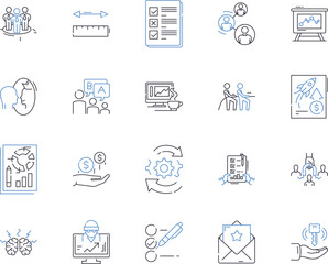 Business metrics outline icons collection. Revenue, Profit, Cost, Efficiency, Demand, Quality, Pricing vector and illustration concept set. Production, Performance, Volume linear signs