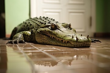 Beware of the Wild Beasts - Big Alligator Lurks On the Floor of an Apartment Living Room, Generative AI