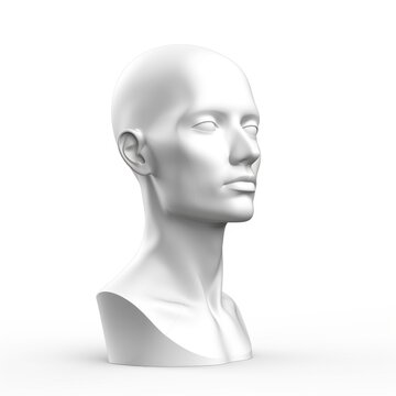 white mannequin heads isolated on white background, Blank White Head Side view, plastic human faceless dummy figure drawing, wig holder 3D render illustration, generative ai