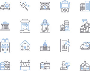 Realty and building outline icons collection. Realty, Building, Estate, Property, Land, Investment, Construction vector and illustration concept set. House, Home, Mortgage linear signs