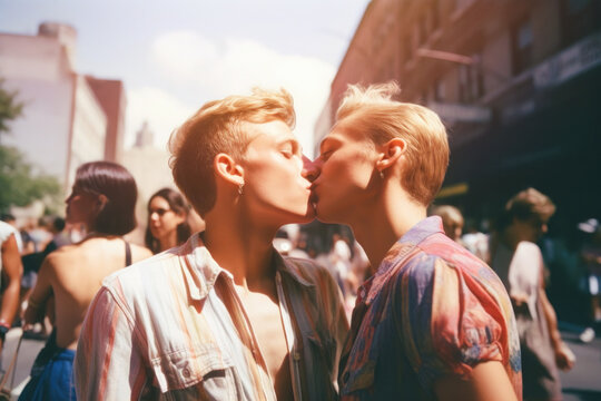 A gay couple kissing and celebrating love on the street on LGBTQIA+ pride day Generative AI