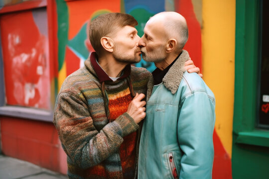 An adult gay couple kissing and celebrating their love on the street during Pride Day, Generative AI