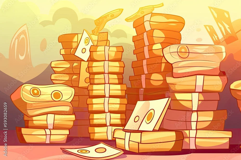 Poster table stacked with piles of money. generative ai