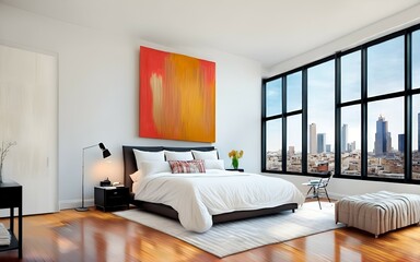 Photo of a modern bedroom with panoramic city views