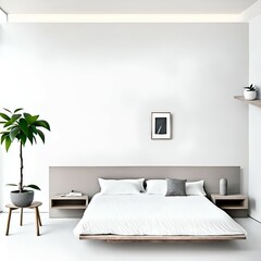 Photo of a serene white bedroom with a lush green plant in the corner