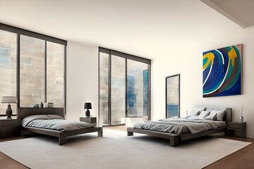 Photo of a modern bedroom with a captivating large painting as the focal point