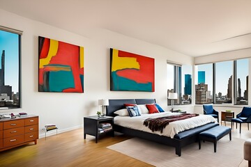 Photo of a cozy bedroom with a comfortable bed and beautiful artwork on the wall
