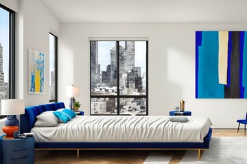 Photo of a cozy bedroom with a stunning blue bed and a large window