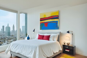 Photo of a cozy bedroom with a stunning view of the city skyline