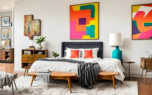 Photo of a cozy bedroom with a king-sized bed and a beautiful painting as the focal point