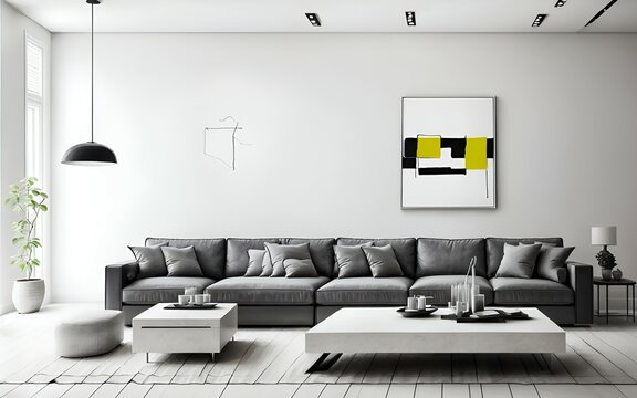 Photo of a modern living room with a comfortable couch and stylish coffee table