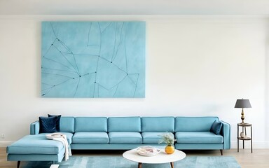 Photo of a cozy living room with a blue couch and a colorful painting on the wall