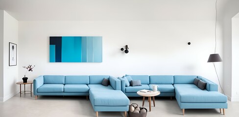 Fototapeta na wymiar Photo of a modern living room with a comfortable blue sectional couch as the centerpiece