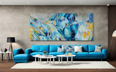 Photo of a modern living room with a comfortable blue couch and abstract artwork on the wall
