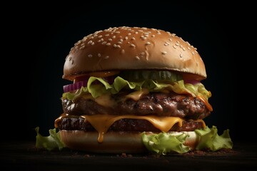 A big piece with juicy detail of the BBQ beef or pork cheeseburger with various type of vegetable is isolated placed on black background for advertising. Generative Ai image