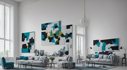 Photo of a modern living room with a stylish blue couch and elegant wall art