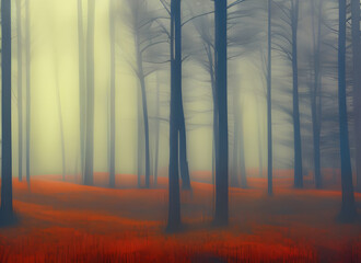 atmospheric abstract painting of a mysterious winter forest with trees shrouded in mist and orange ground with dawn light. generative ai illustration.