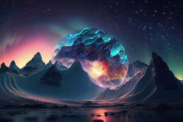 Abstract mountain landscape at night with northern lights aurora borealis made with generative AI