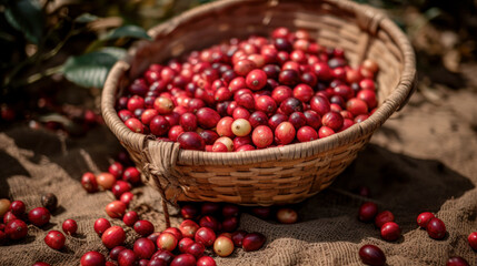 Basket full of red coffee freshly picked from the harvest