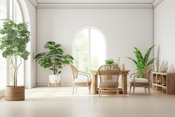 Mockup of a Scandinavian-Boho wall in a plain, white room with wooden furniture. Generative AI