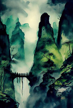 Painting of a landscape in the style of Traditional Japanese ink and watercolor Sumi-e art made with generative AI