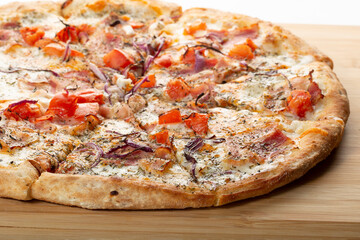 Carbonara pizza on a white background. Pizza making. Pizza sales.