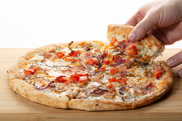 Carbonara pizza on a white background. Pizza making. Pizza sales.