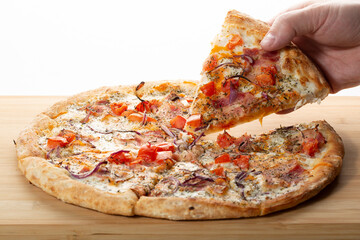 Carbonara pizza on a white background. Pizza making. Pizza sales.