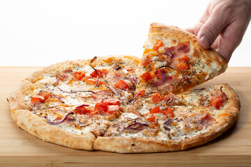 Carbonara pizza on a white background. Pizza making. Pizza sales.