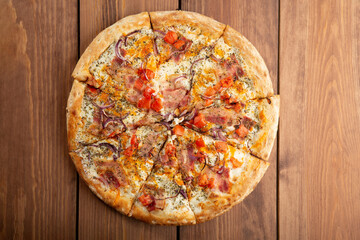 Carbonara pizza on a white background. Pizza making. Pizza sales.