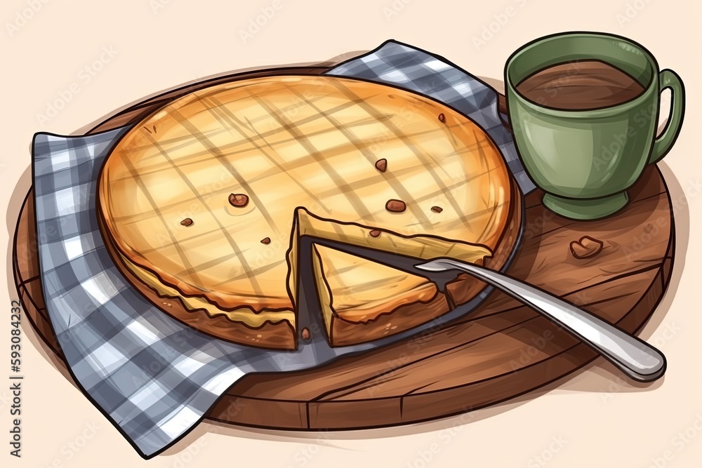 Poster delicious slice of pie and a hot cup of coffee on a table. generative ai