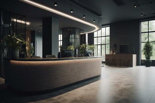 Reception area with reception desk in gym fitness center. Generative AI