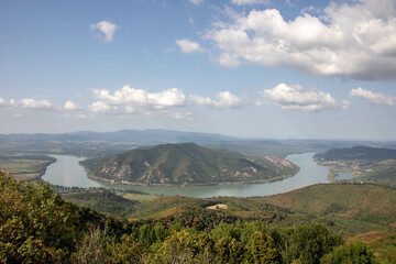 Aerial view of the Danube bend in Hungary, sunny day