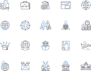 Government outline icons collection. Authority, Legislation, Bureaucracy, Democracy, Regulation, Rule, Security vector and illustration concept set. Economics, Politics, Law linear signs