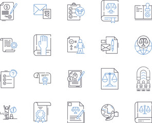 Law department outline icons collection. Law, Department, Judiciary, Regulation, Legislation, Litigation, Criminal vector and illustration concept set. Contract, Enforcement, Constitutional linear