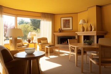 Interior of a cozy living area with a fireplace, warm yellow walls, and hardwood floors. Generative AI