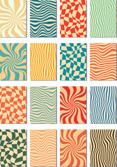 70s groovy poster y2k retro vintage background swirl, checkerboard set for print design. Spiral vector illustration. Psychedelic print. Cover, poster, wallpaper. 60s, hippie