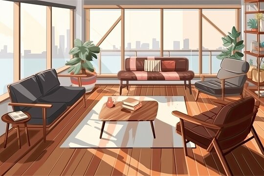 cozy living room with a big window and comfortable furniture. Generative AI