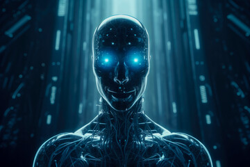 Highly advanced artificial intelligence for the future rise in technological singularity using deep learning algorithms, human android concept, high quality generative ai