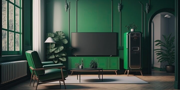 Cozy Living Room with Stylish Furniture and Design, Green Chroma Key TV in the Middle of the Room. Generative AI