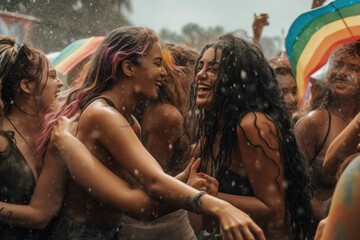 A vibrant and colorful moment captured at festival, where confetti rains down on a group of senior LGBTQ individuals, holding up the rainbow flag, Generative Ai