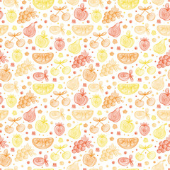 Hand Drawn Doodle Fruits with spiral pattern Seamless pattern. Abstract Orange Yellow striped fruits and berries: watermelon, apple, pear, grapes, strawberries, plums, cherries. Vector illustration