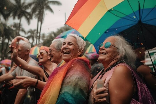 A vibrant and colorful moment captured at  festival, where confetti rains down on a group of senior LGBTQ individuals, holding up the rainbow flag, Generative Ai