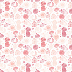 Hand Drawn Doodle Fruits with spiral pattern Seamless background. Abstract Pink striped fruits: pineapple, banana, lemon, pomegranate, mango, pineapple guava, orange, tangerine, papaya, kiwi