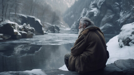 Old man with white beard and hat, looking over a frozen Lake in skandinavia. - obrazy, fototapety, plakaty