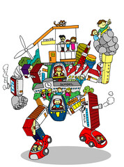 自走するまち・住宅や工場、学校等、まちがロボットとなり自走するイメージイラスト