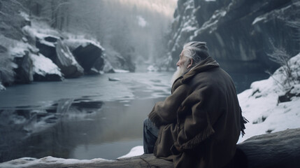Old man with white beard and hat, looking over a frozen Lake in skandinavia. - obrazy, fototapety, plakaty